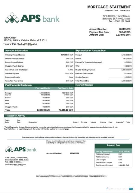 Download Malta APS Bank PLC mortgage statement Word and PDF template Photoshop template